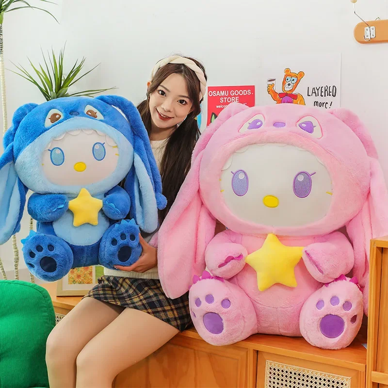 75CM Super Big Size Sanrio Cartoon HelloKitty Crossdressing Stitch Stuffed Animal Pillow Plushies Children's Birthday Gifts