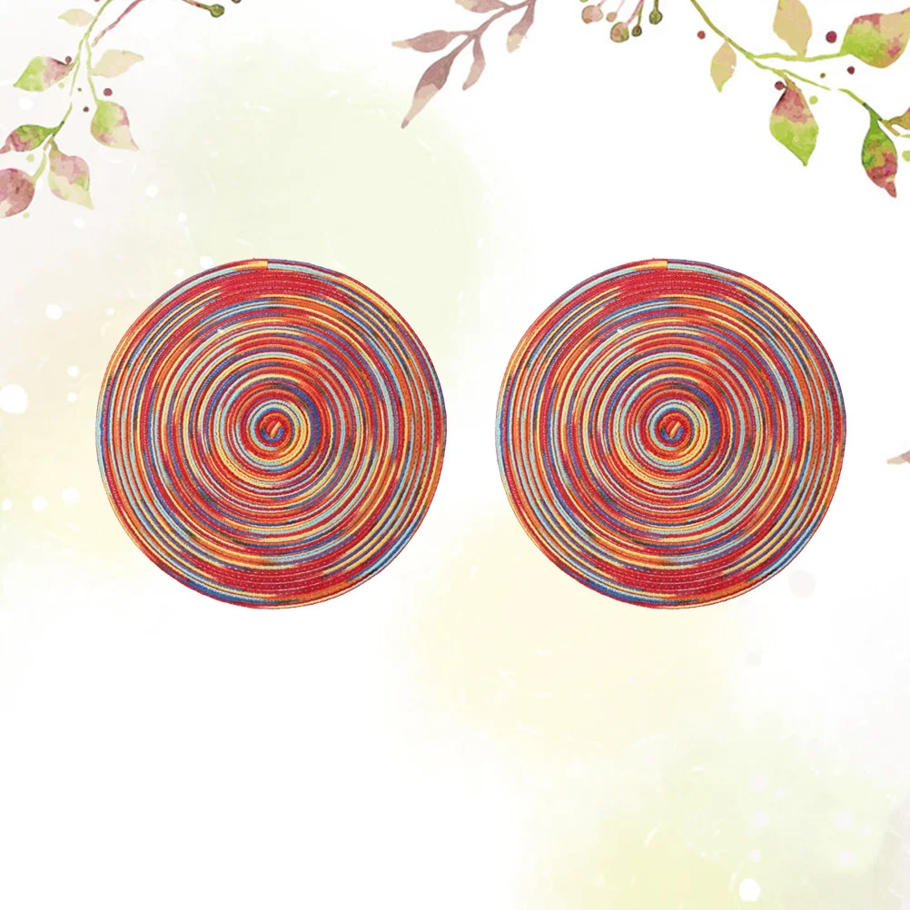 

2Pcs Heat Resistant Placemat Cotton Thread Table Mat Round Handwoven Coaster Cup Plate Pot Holder Colored Red Pattern 18Cm