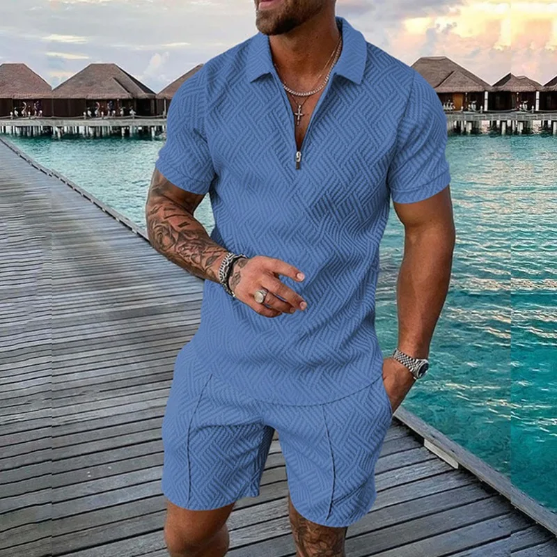 Men's Fashion Athletic T-Shirt Set Casual Mesh Lapel Short Sleeve Pullover Tops+Shorts 2-Piece Male Solid Thin Sporty Suits