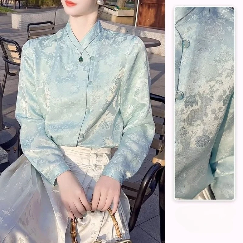 Satin Chinese Style Women\'s Shirt Printed Vintage Blouses Spring/Summer Clothing Loose Fashion Long Sleeves Women Tops