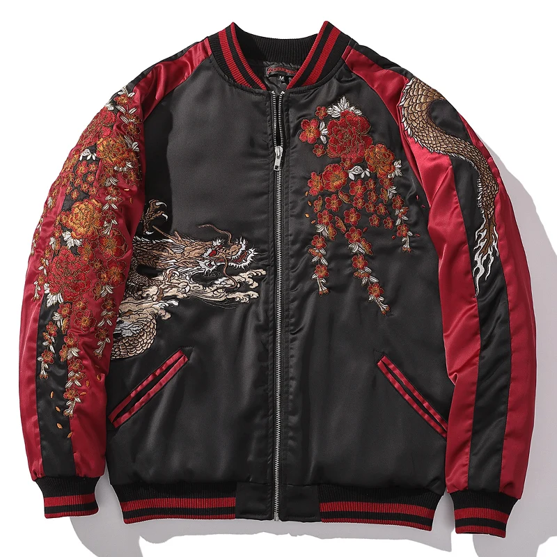 Yokosuka Dragon Embroidered Baseball Jacket Heavy Industry Contrast Color Zipper Coats Outerwear Street Fashion Harajuku