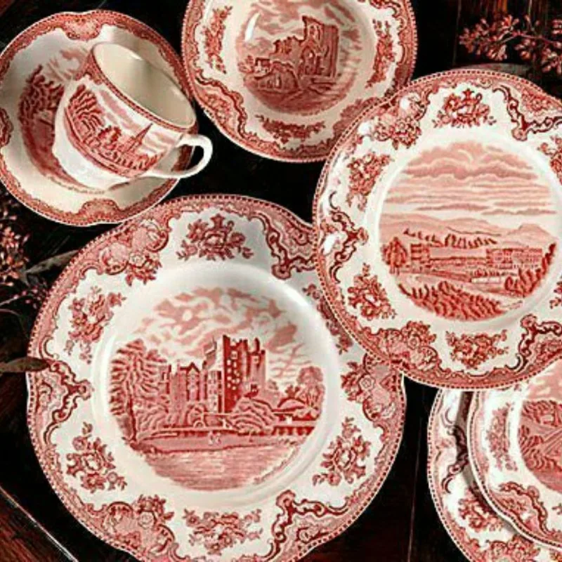 Ceramic Retro European Underglaze Color Red Castle Series Steak Plate Bread Flat Plate Dishes Dinner Dessert Party Tableware