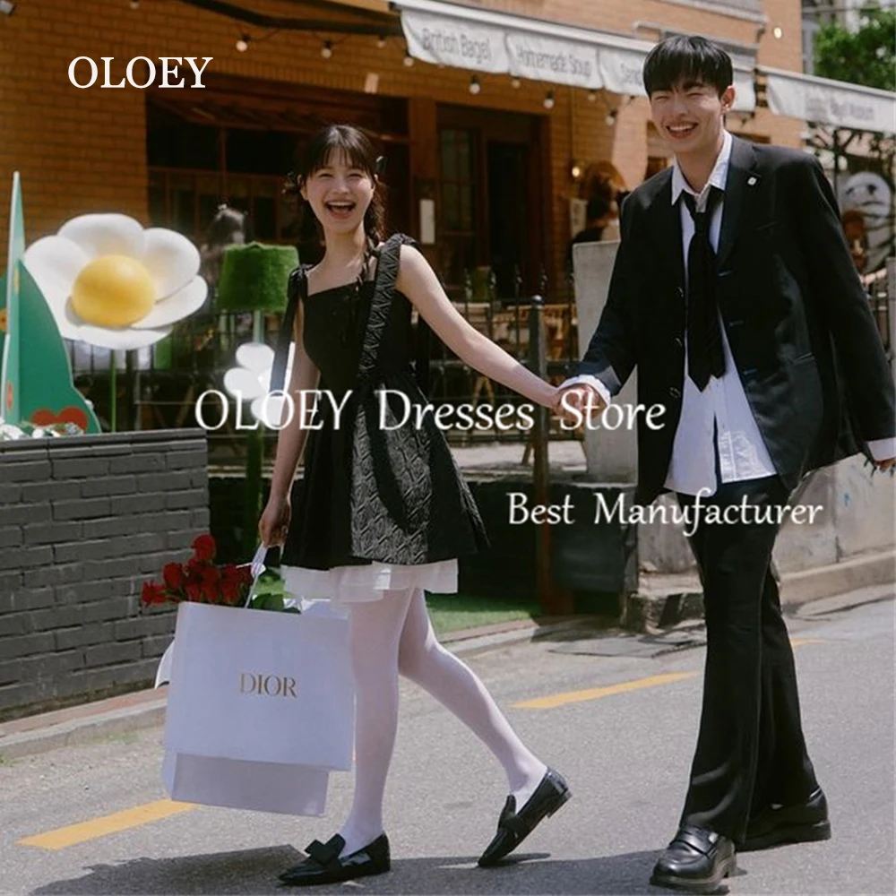 OLOEY 2025 Black Mini Prom Cocktail Dress Korea Photoshoot Pleats Bow Short Wedding Party Dress Sleeveless Square Collar Custom