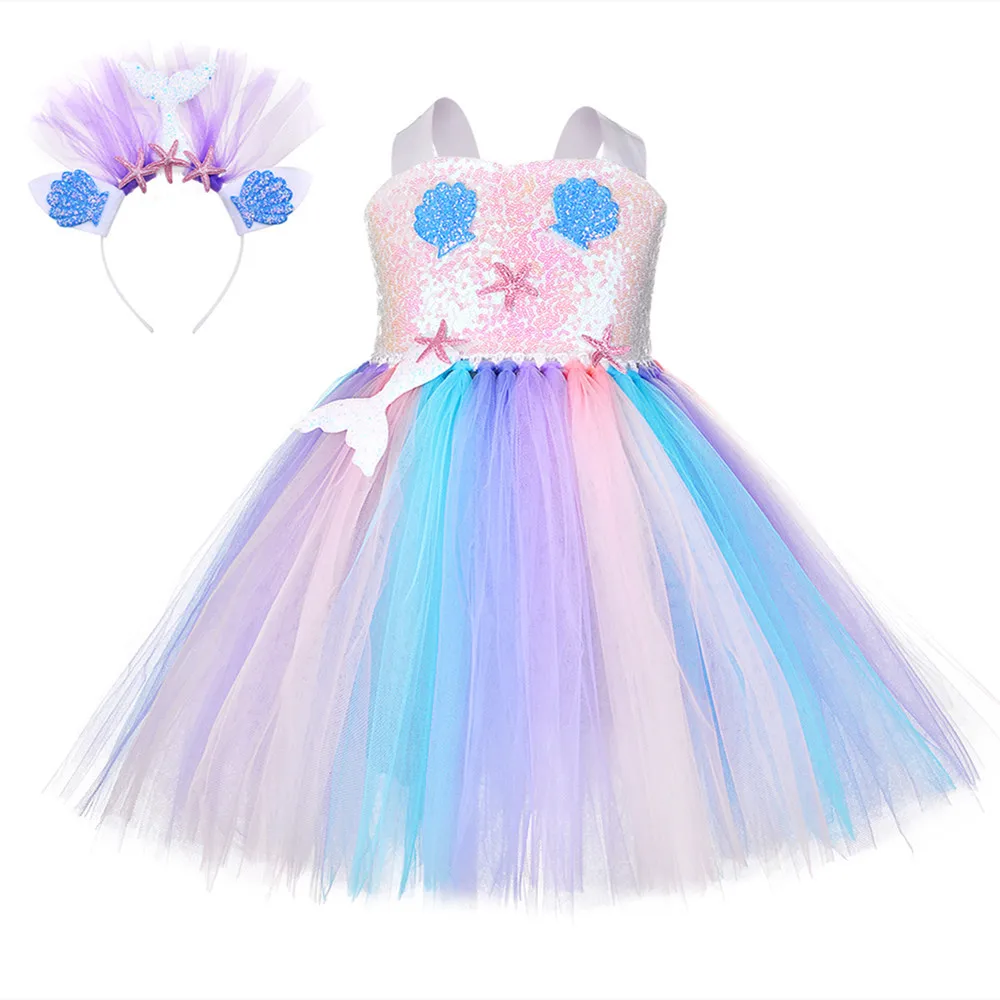 Rainbow Color Unique Design Mermaid Sequin Mesh Tutu Dress With Shell Headband For Children Beach Holiday Party Daily Casual Set