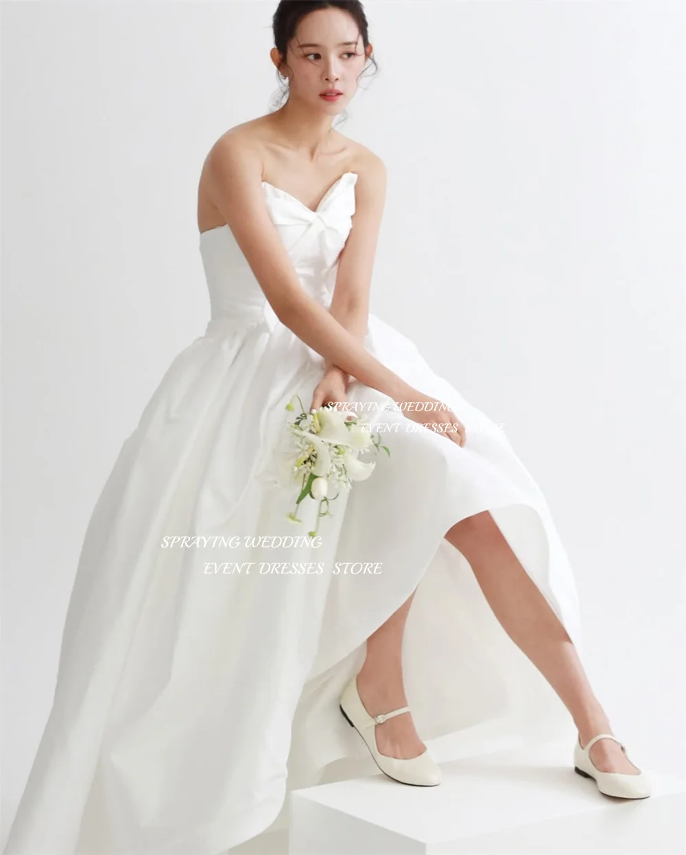 SPRAYING-vestido de novia sencillo de tafetán de marfil, sesión de fotos de Corea, cuello en V, línea A, vestidos de novia largos, corsé personalizado kurs 2026