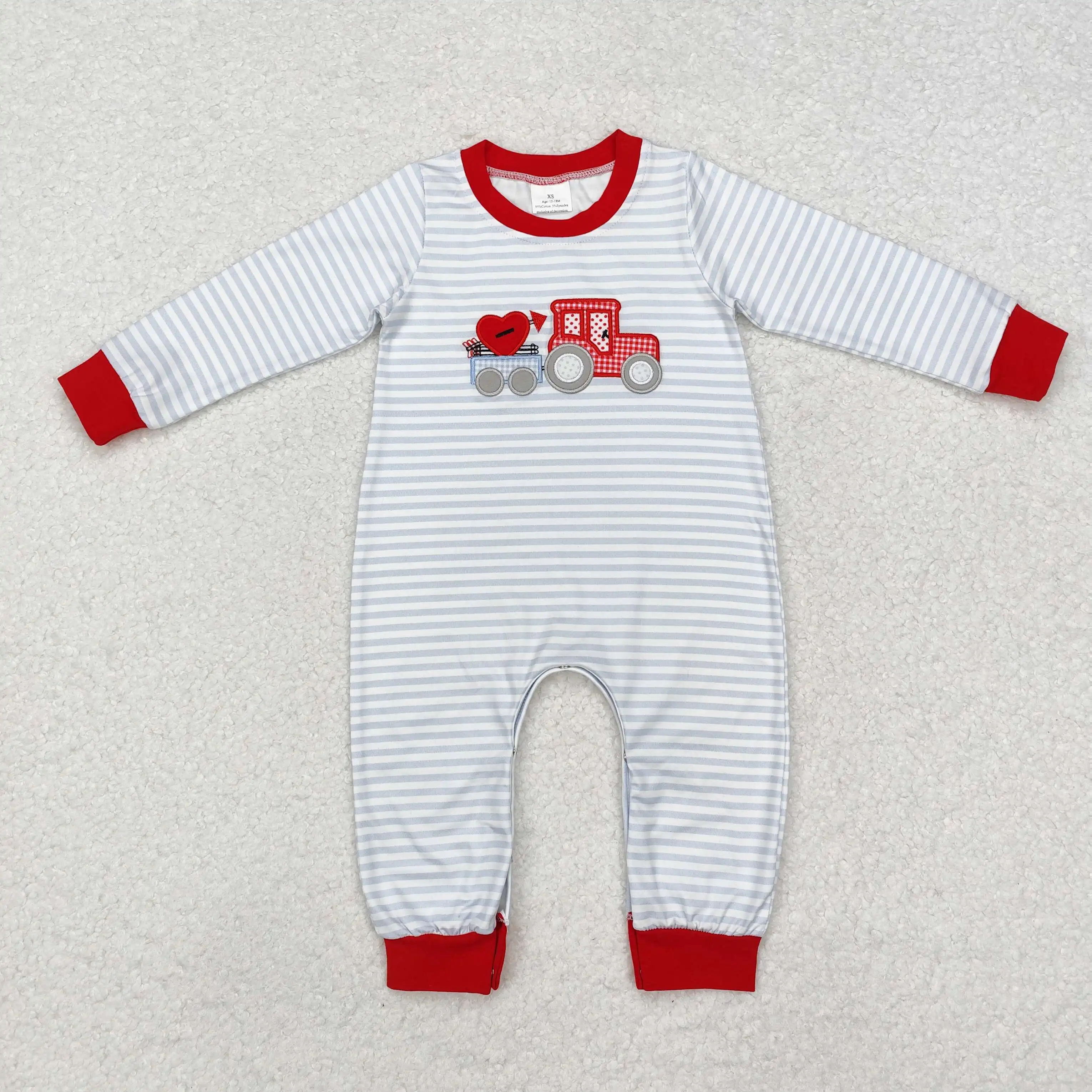 New rts Infant Toddler New Boys Valentine's Day Romper Wholesale Boutique Embroidered Love Tractor Striped Long Sleeve  rompers