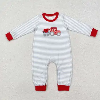 幼児用長袖ロンパース,ストライプのラブトラクター,刺embroidered,バレンタインデー,新しいrts,卸売ブティック