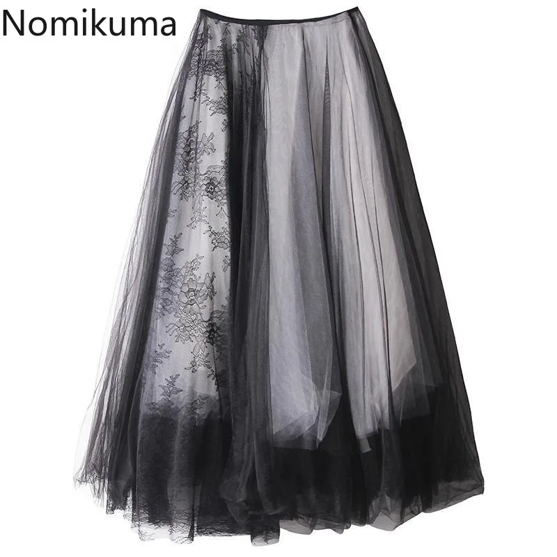 Harajuku Punk Long Skirts for Women Patchwork Gauze Chic Jupe 2023 Faldas Mujer De Moda Japanese Lace A-line Streetwear Skirt