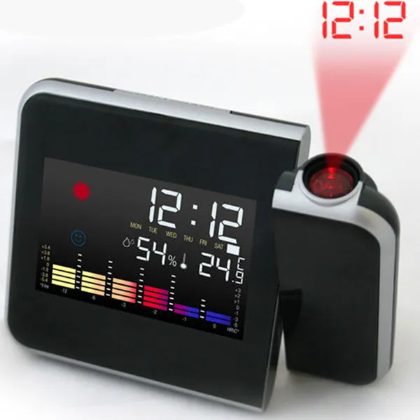 Black Projection Alarm Clock Battery Powered 180 Degree Rotating LED Display Date Temperature Humidness Snooze Function for Home
