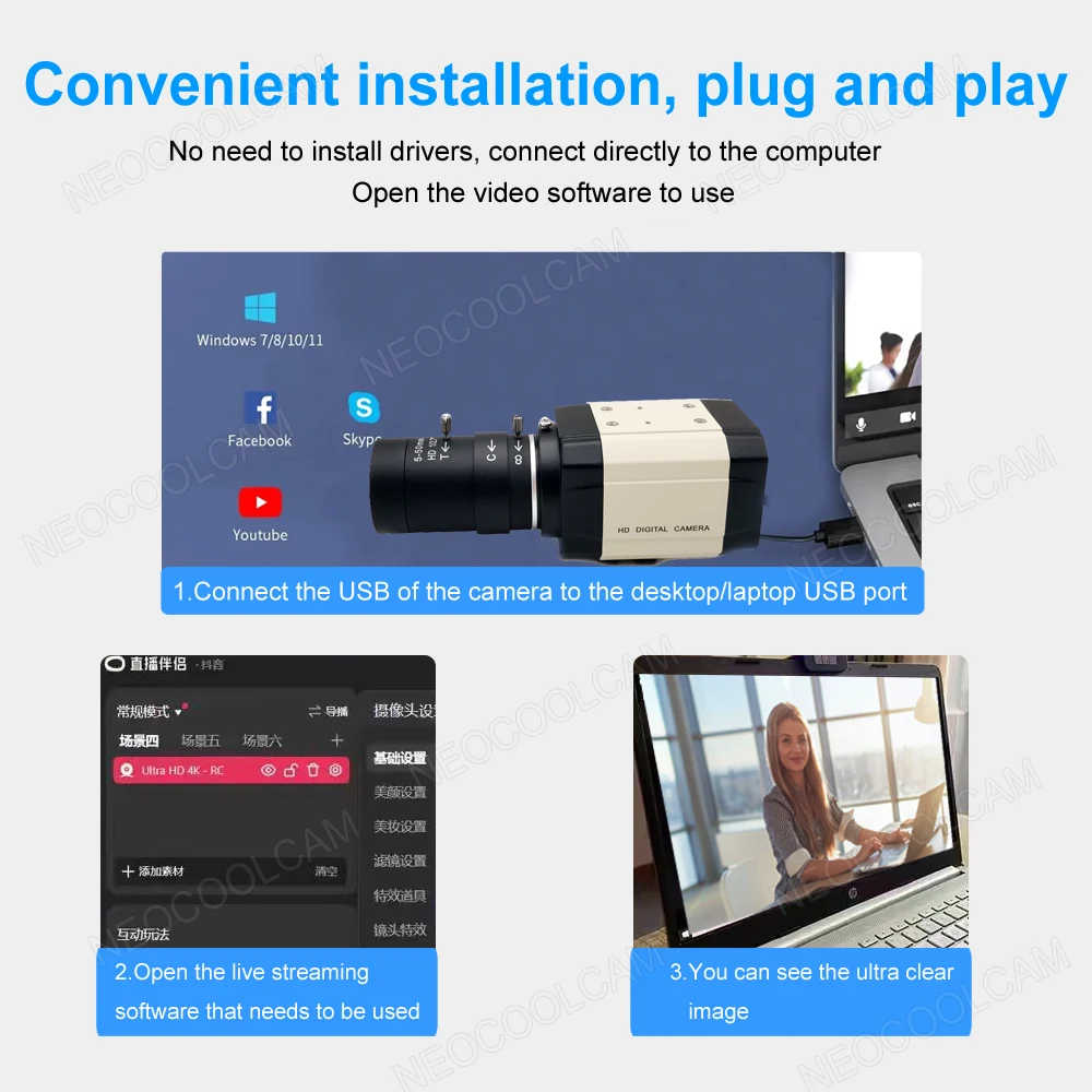 2K Full HD Webcam With Microphone 30fps USB Camera 3MP 5-50mm Varifocal CS Lens UVC Plug And Play OTG For Youtube Video Calling