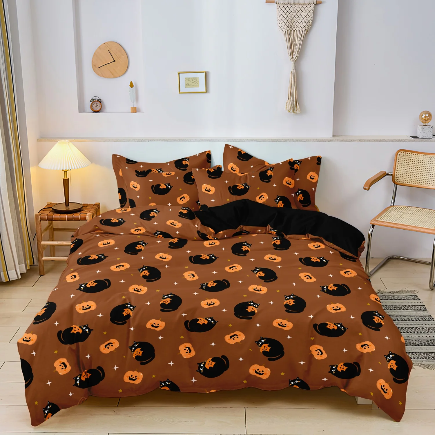 3Pcs Black Cat Pumpkin Duvet Cover Set, Brown Halloween Black Cat Jack O Lantern Star Pattern Bedding, Halloween Home Decoration