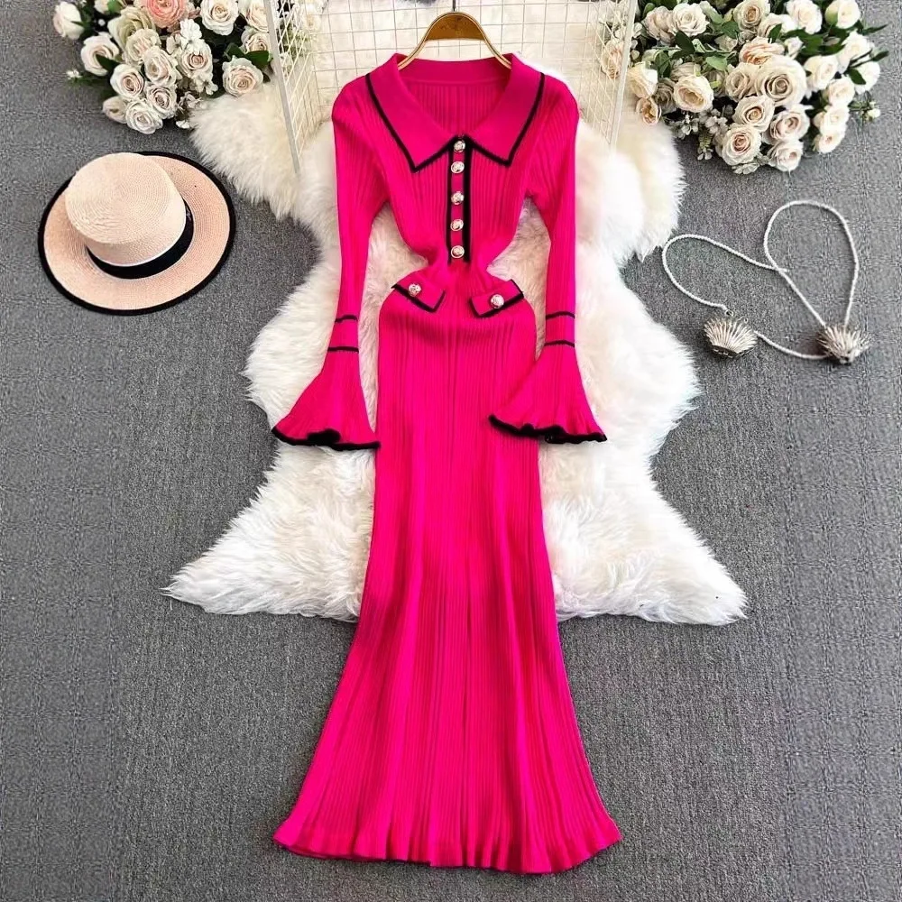 

Модное женское платье миди 2026 года с воротником в стиле «Spicy Girl», из смесового полиэстера, с завышенной талией, элегантное, во французском стиле, длинное вязаное платье