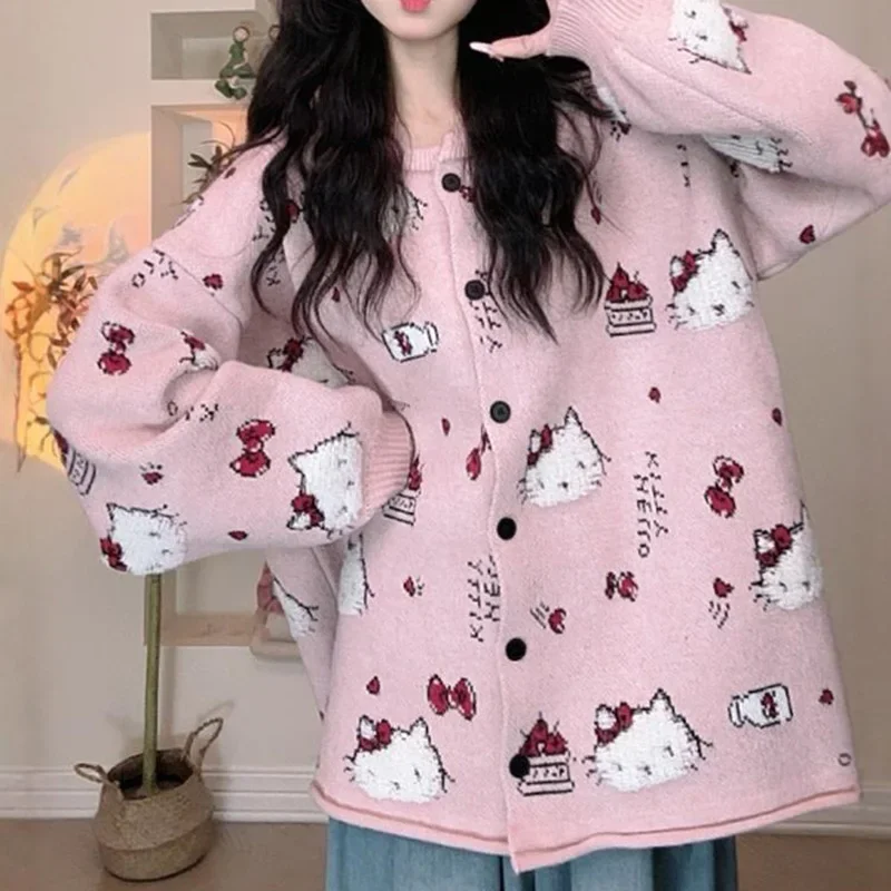 Hello Kitty Long Sleeved Cardigan Sweater Kawaii Cartoon Sweet Jacquard Knit Round Neck Casual Loose Versatile Jacket Women Y2k