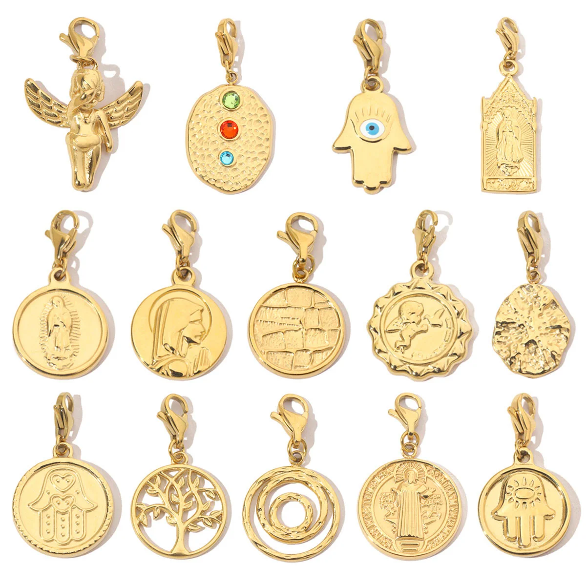 3Pcs/Lot Life Tree Eye Stainless Steel Diy Clip On Charms Never Fade Women Hamsa Hand Angel Belife Necklace Lobster Pendant