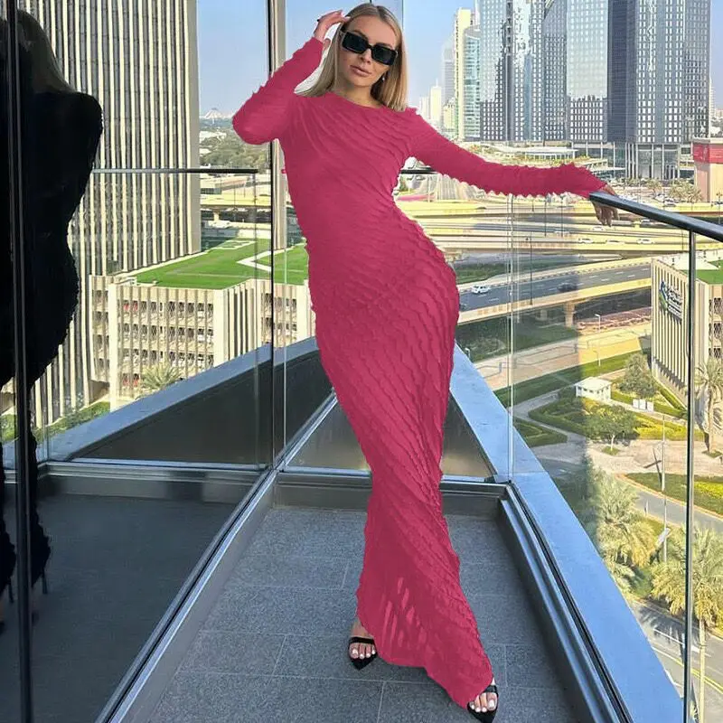 

Hot Autumn New Stylish Temperament Long Sleeves Skirt round Neck Drawstring Slimming Dress