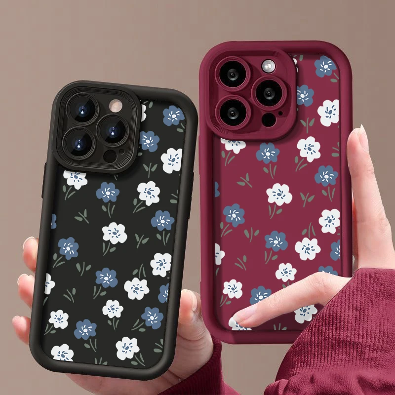 Blue White Small Flowers Silicone Case For iPhone 15 16 Pro Max 14 13 12 11 Pro Max 7 8 XR XS SE Shockproof Soft TPU Phone Cover