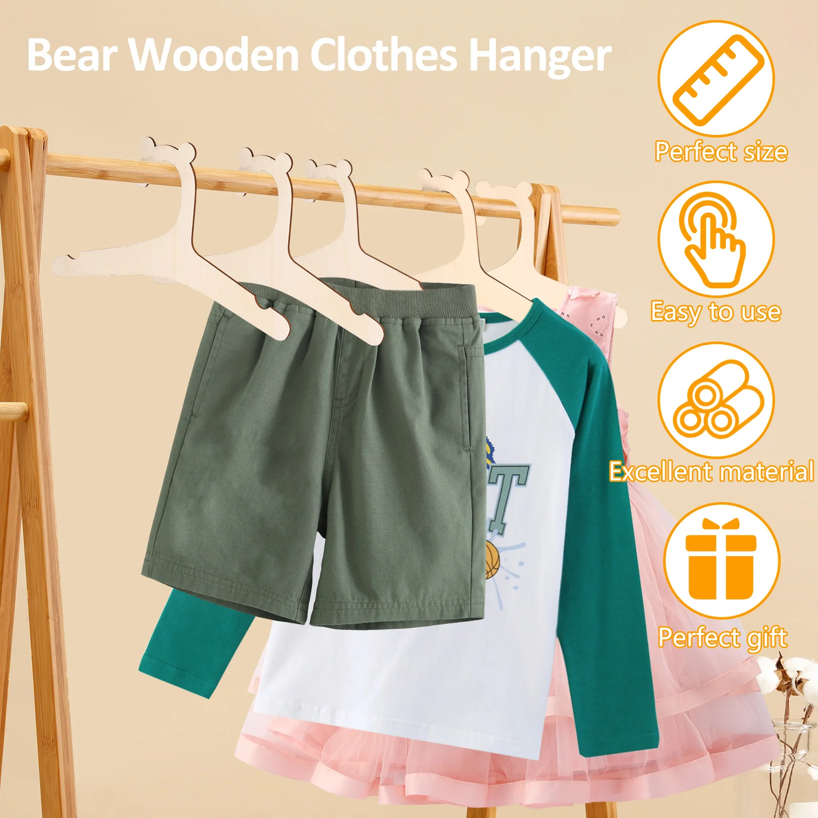 20-60Pcs Wooden Baby Clothes Rack 9 in Smooth Toddler Hangers Cute Bear Creative Newborn Hangers Multi-role Closet Hangers Decor