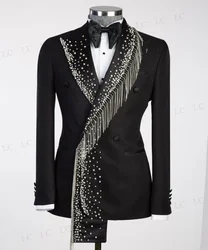 Trajes de moda para hombre, Blazer de 2 piezas con solapa de pico, cuentas de diamantes, borla, esmoquin Formal para graduación, fiesta de boda, novio, talla grande a medida