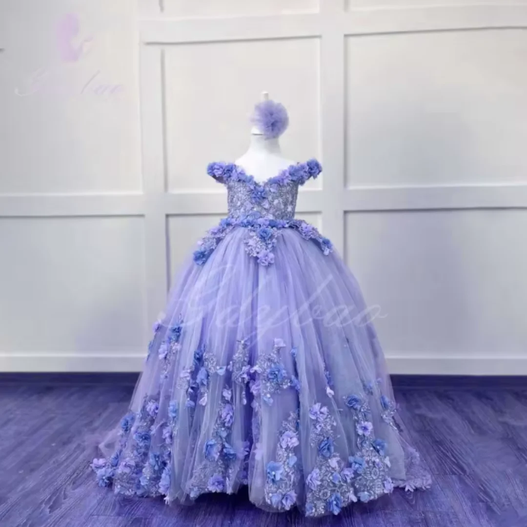 Flower Girl Dress For Wedding 3D Applique Tulle Ball Gown Princess Luxury Kids Birthday Evening Party Dress