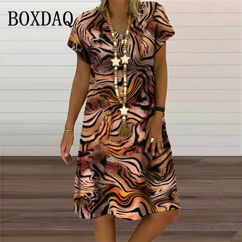 Vintage Print Mini Dress for Women's Summer Autumn 2022 New Streetwear V-Neck Short Sleeve Oversized Loose Casual Dresses Ladies