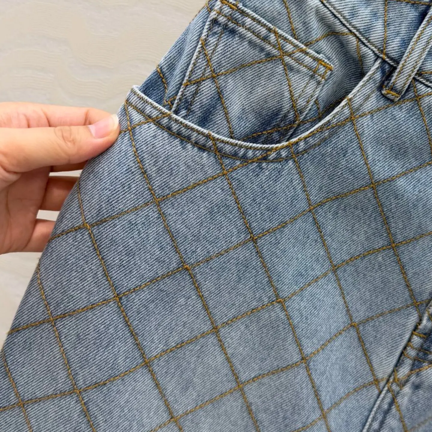 Embroidered Diamond‑Stitch Denim Straight‑Cut Midi Skirt, Autumn Winter New Arrival, Vintage Washed Half Skirt