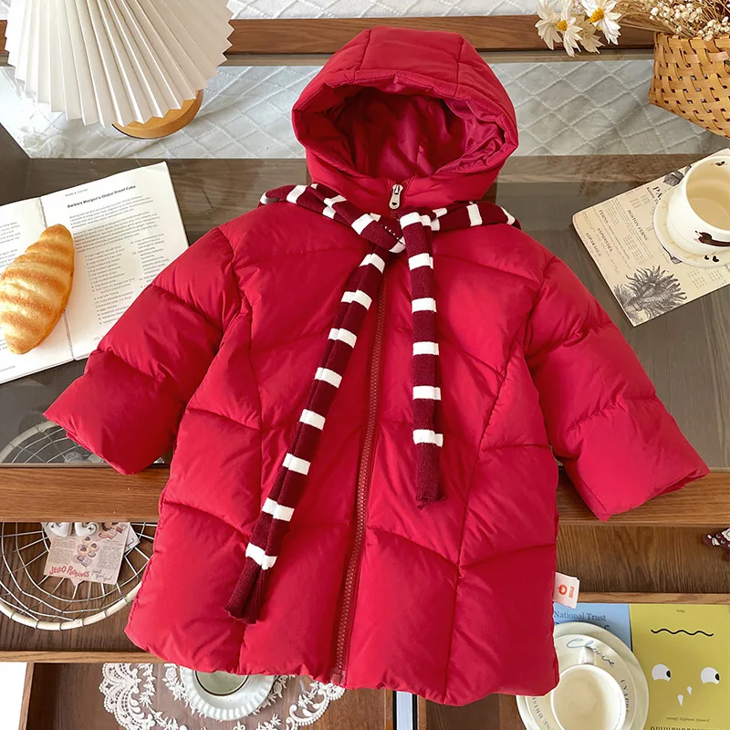 

Winter Girls' Down Coats Red Christmas Hooded Thickened Puffer Jacket Fashion Kids Mid-Length Outerwear with Striped Scarf Deco