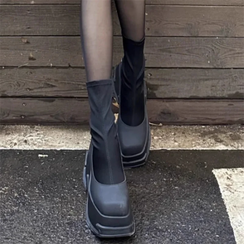 

Black Punk Style Sock Boots for Women 2024 New Style Square Toe Thick Sole Height Increasing Elastic Sleeve Short Boots Shoes