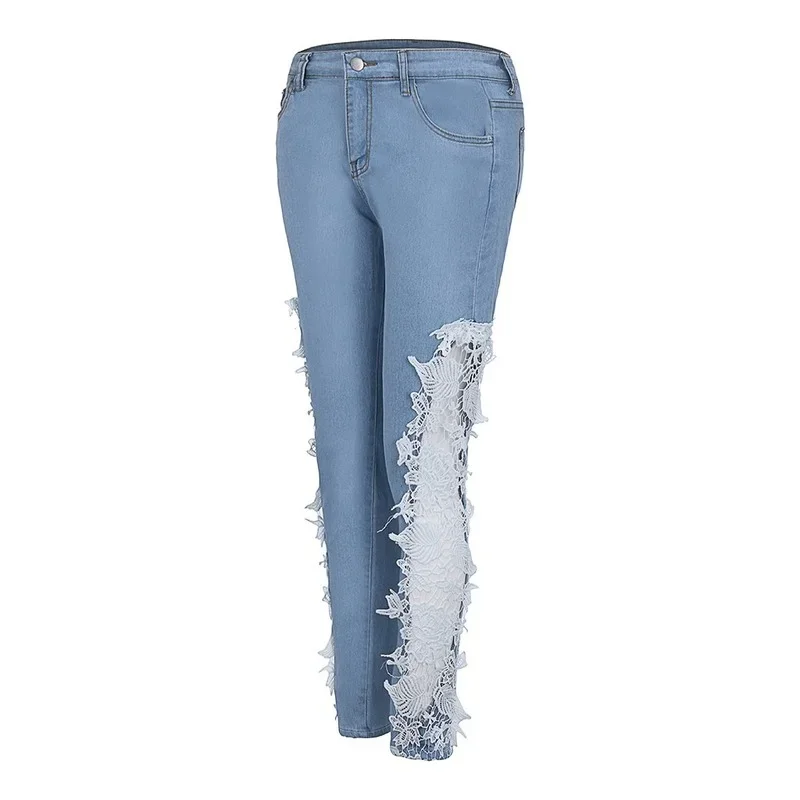 Women High Waist Slim Skinny Denim Pencil Pants 2024 New Oversized Sexy Fashion Lace Hollow Out Floral Appliques Jeans Trouser