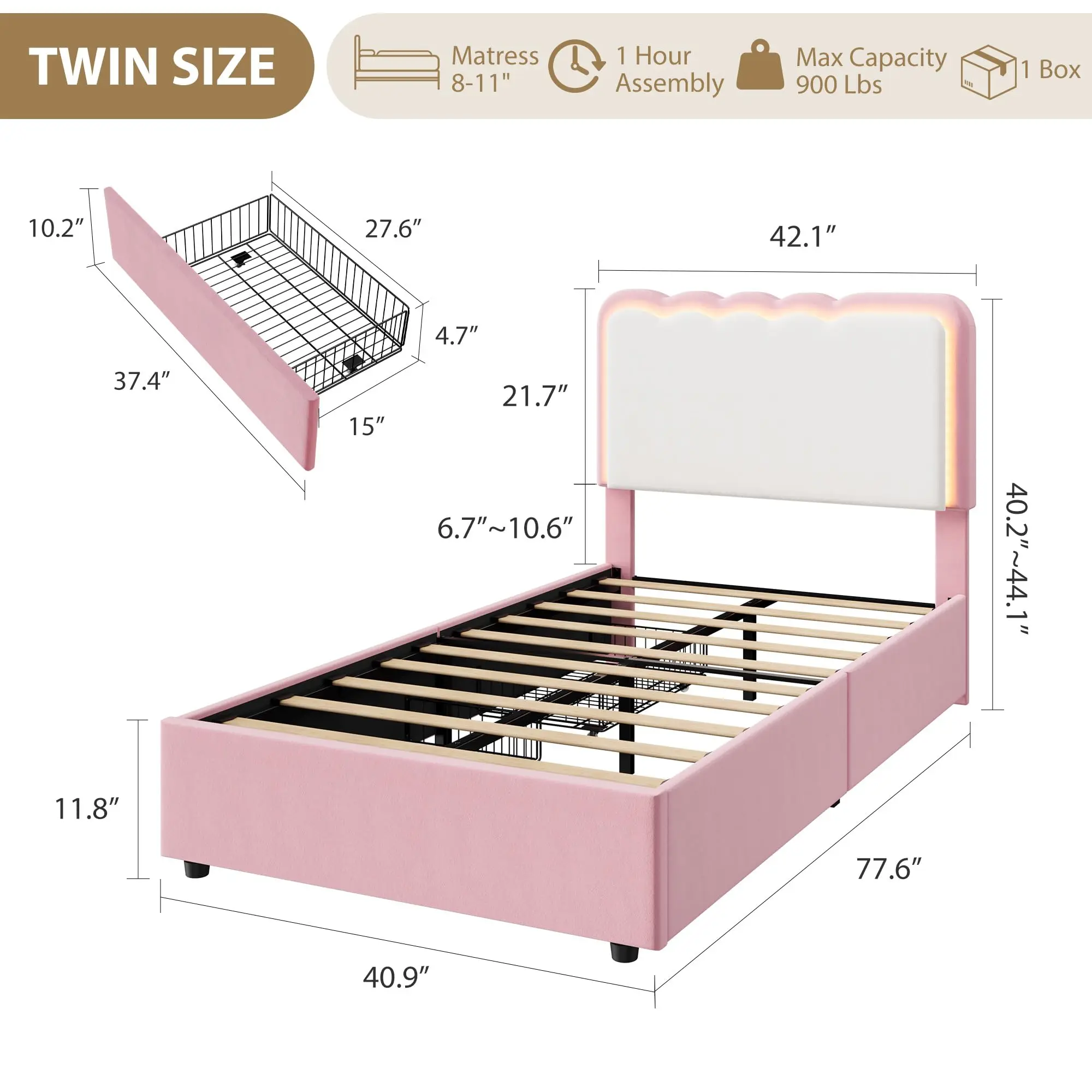 LED Upholstered Platform Bed Frame with 2 Storage Drawers – Adjustable Double Wave Headboard, Velvet Princess Style, Heavy Duty Metal & Wood Support, No Box Spring Needed, Modern Bedroom Furniture, Queen - view 8