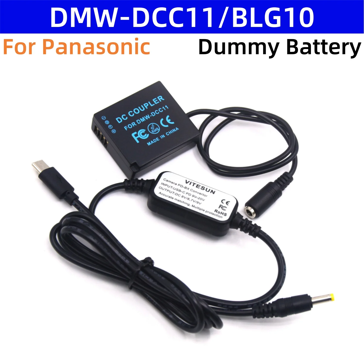 

BLG10 Dummy Battery DCC11 DC Coupler+USB C DC Cable for Panasonic Lumix DMC-GF6 GF3K TZ100 LX100 GX7 S6K GX80 GX85 GX9 Camera