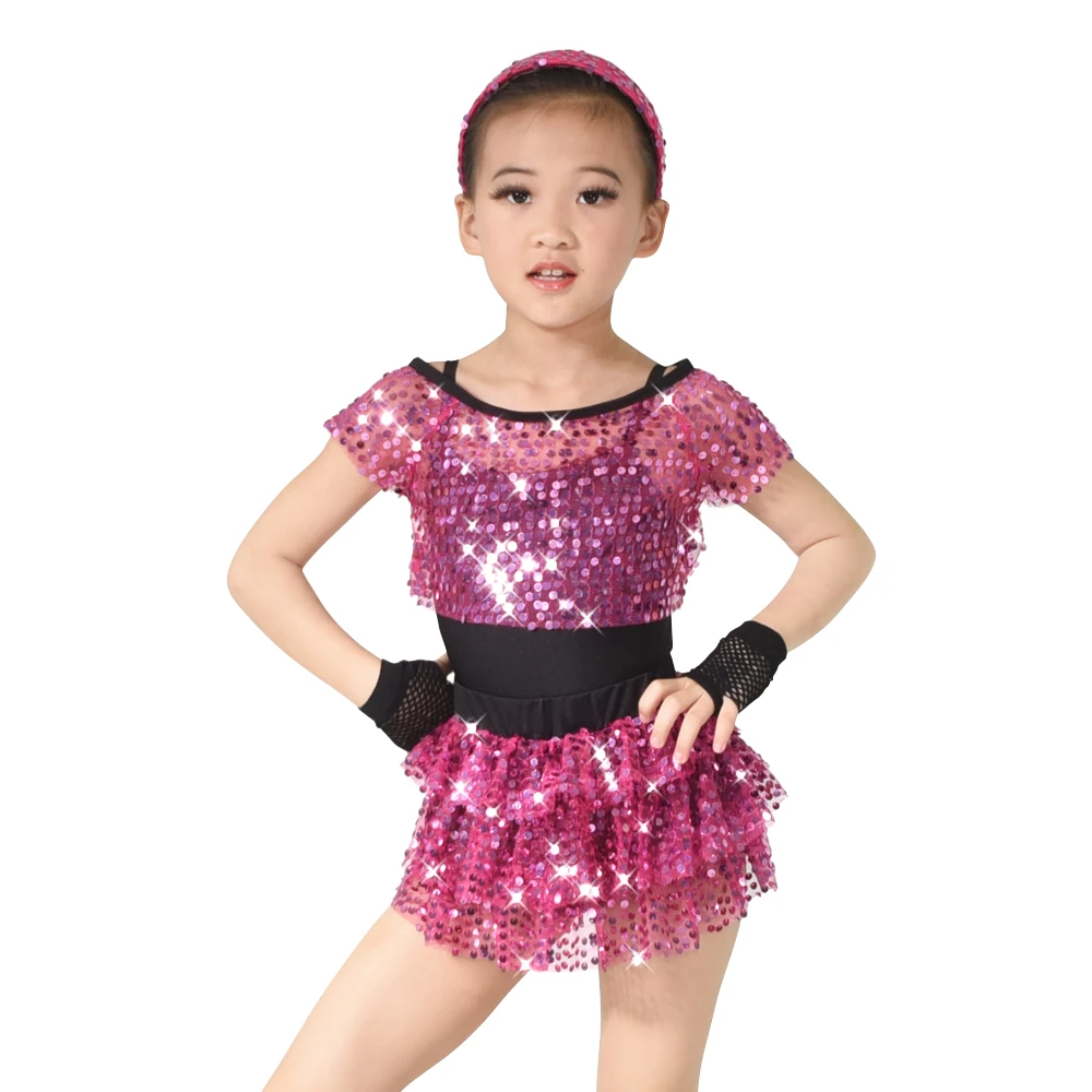 6pcs Jazz Dance Outfits Sequins Tires Dance Dress Tap Dance Costume Leotard Crop Top Skirt Headband Fishnet Gloves