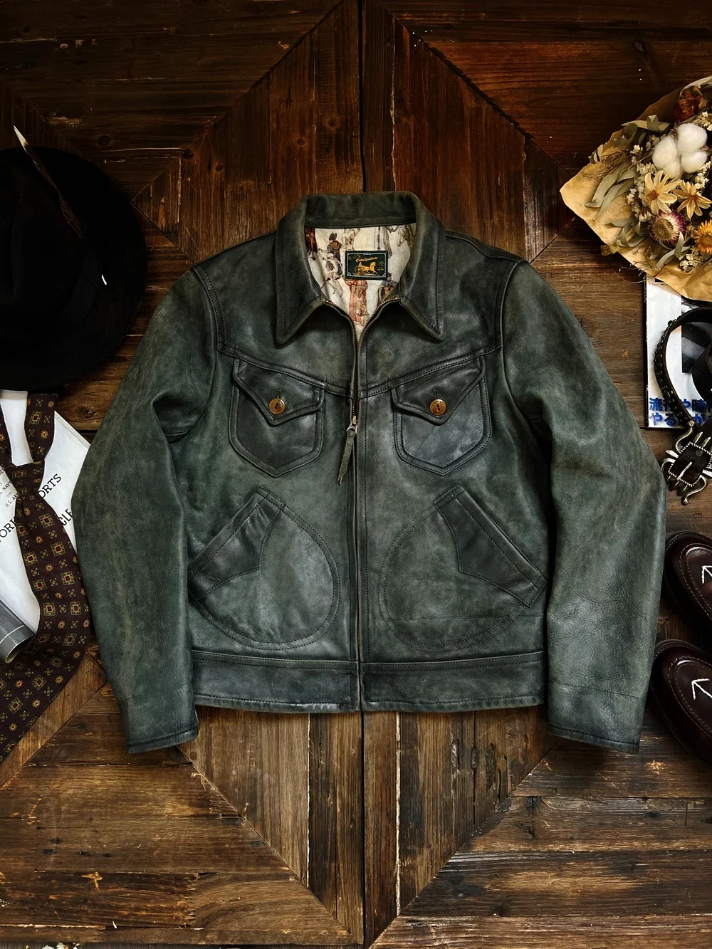 

Tailor Brando American Vintage New Zealand Calf Leather Mendoza Washed and Aged Short Lapel Classic Cowhide Biker Jacket