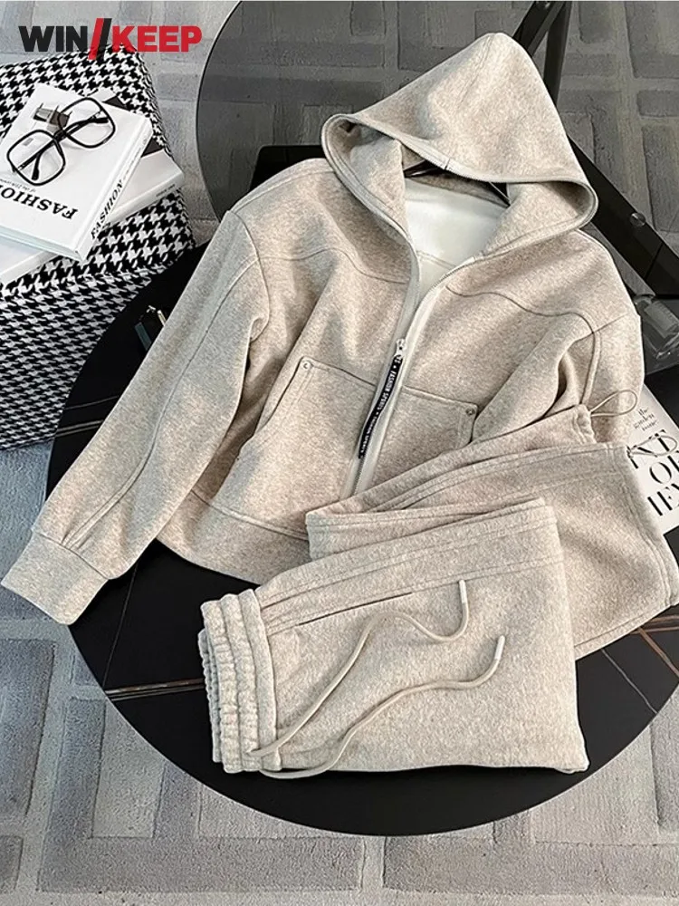 Women Fitness Leisure Running Sportswear Set Winter Fleece Cardigan Hooded Sweatshirt Two Piece Set Tracksuit Gym Fitness Jogger