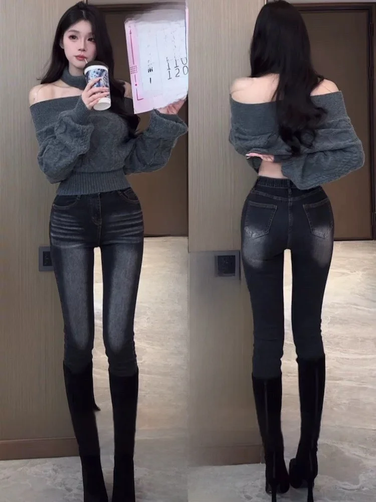 

Retro Waed Distred High Waist Slimming Nine Points Jeans Women's Faion Cotton Stretch Denim High Light Hip Enhance Pen...