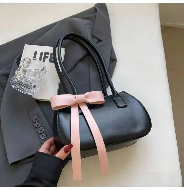 Bloom Haruku Bow Pink Shoulder Bags Women 2025 Fairycore Aesthetic Leather Underarm Bag Ladies Versatile Casual Handbag Y2k