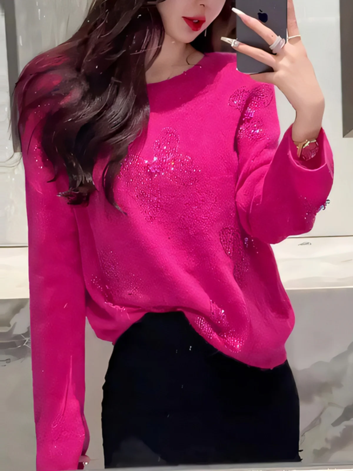 

Peach Pink round Ne Casual Sle Comfortable Loose Fit Long Sve Sweater for Autumn And Winter Versatile Sli Knitwear