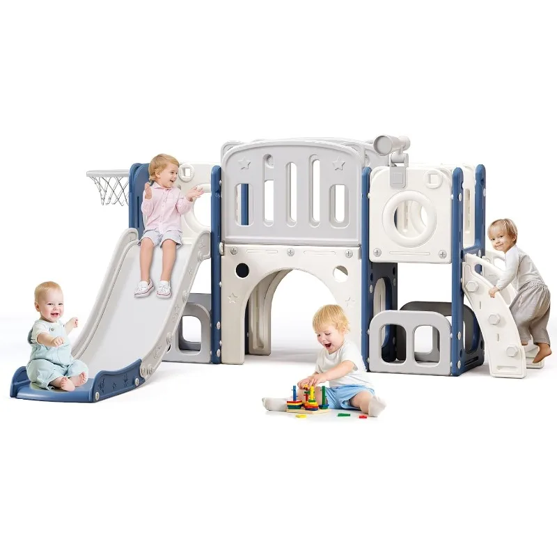 

8 in 1 Toddler Slide,Kids Climber Slide w/ Storage Space & Non-Slip Steps,Playset with Basketball Hoopa & Telescope,for Age 1-8