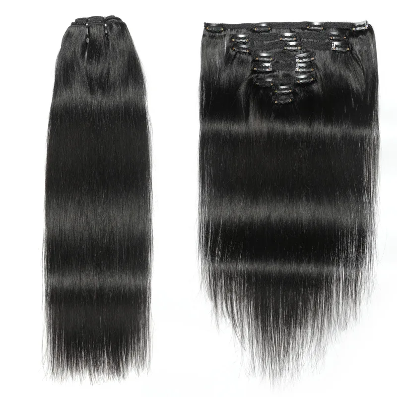 120g conjunto de grampos de cabelo humano em linha reta em extensões de cabelo preto natural 8 peças para cabeça cheia clipe ins pacotes virgem brasileira