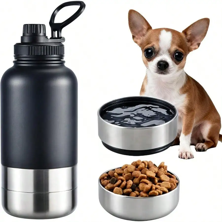 

Insulated Dog Water Bottle With 2 Bowls, 32oz Travel Stainless Steel Double Wall , Portable Pet Dispenser, Gifts For Puppy Small Medium Dogs Walking Hiking And Camping
