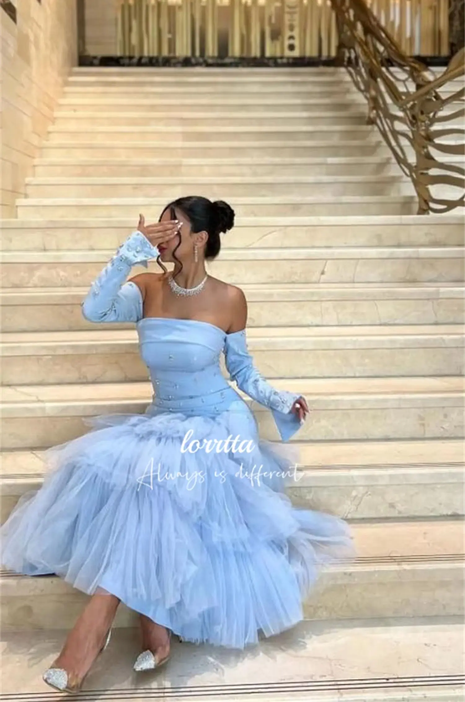 Lorrtta Hand Beaded Decoration Party Dress Long Sleeves Sky Blue Evening Fishtail Cut Dresses for Special Events Gala Customized