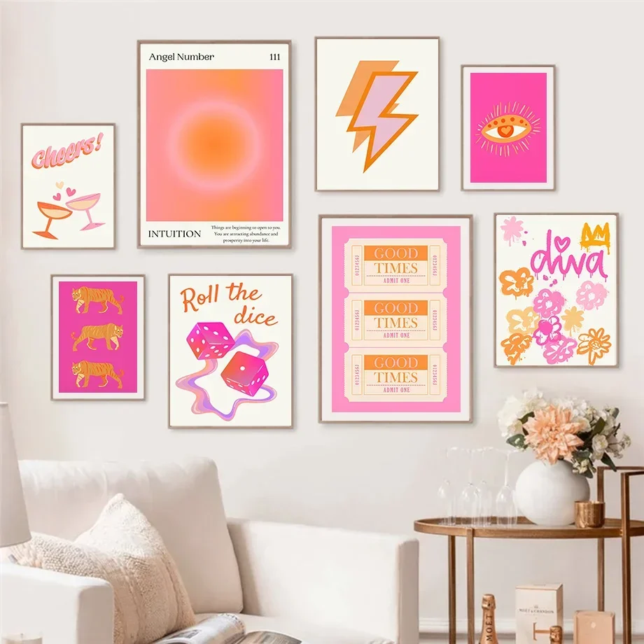 Pink Orange Preppy Wall Art Mural Motivational Quotes Canvas Painting Tiger pink orange Poster Print Pictures Living Room Decor