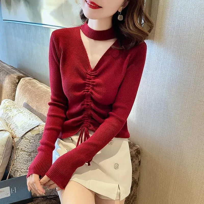 Winter Halter Hollow Out Slim Sweater Female Sexy Fashion Shirring Lace Up Knitting Top Women Casual All-match Jumpers PH198