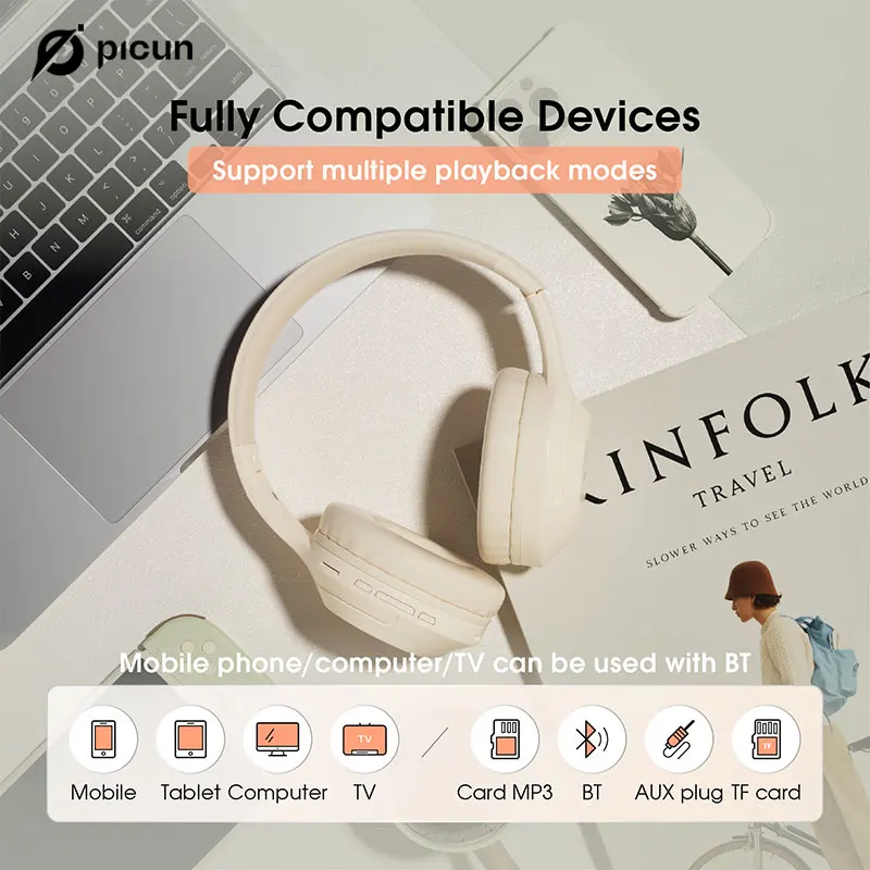 Picun B-01S Foldable Stereo Headphones Super Bass Noise Canceling Microphone PC Adult Kids 3 Color Wireless Bluetooth Headset