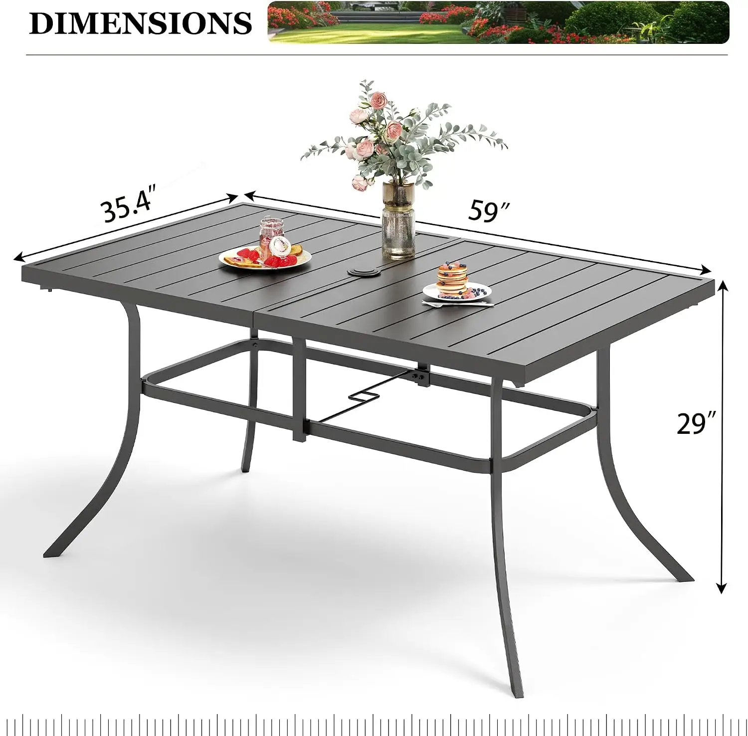 Outdoor Metal Dining Table, Rectangle Patio Furniture With Center Umbrella Hole And Slatted Top For Backyard Deck Porch Garden Balcony Entertaining, Modern Style, Black, 1 Piece