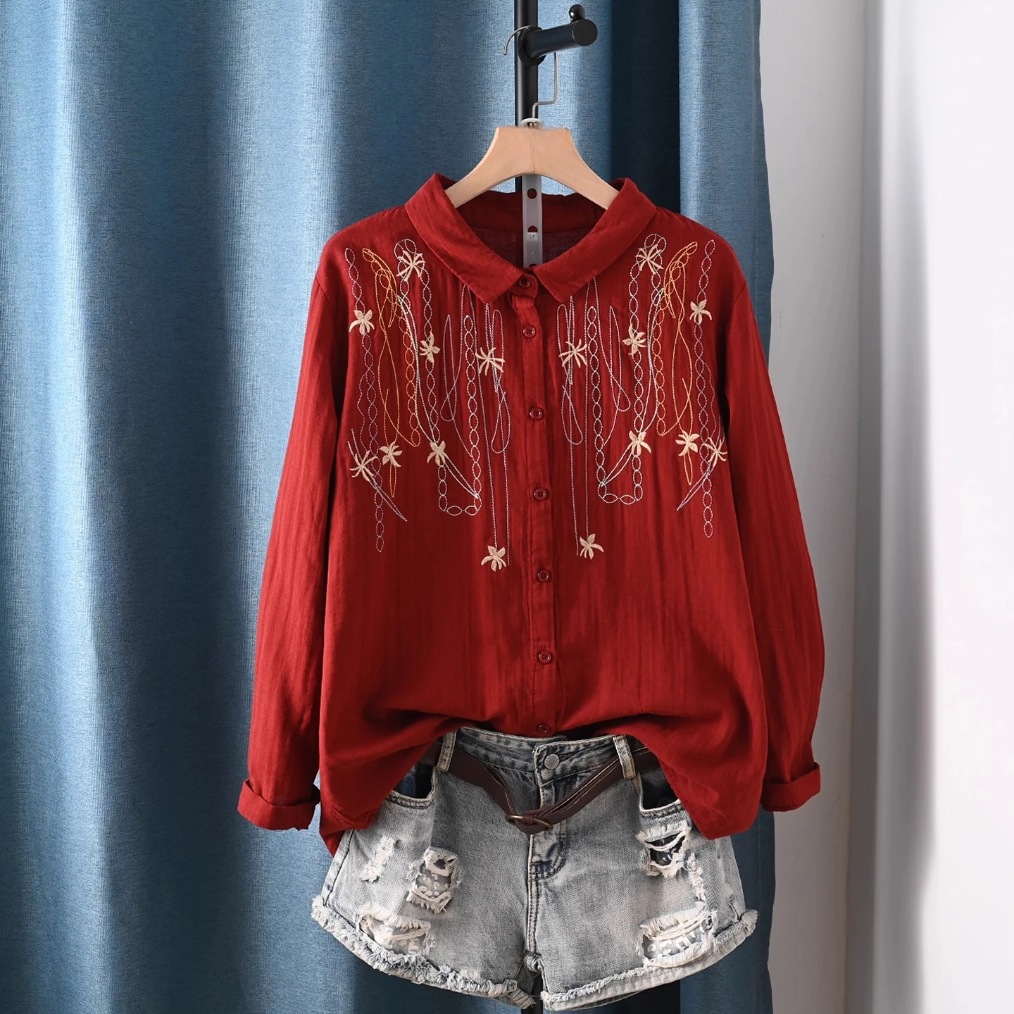 

Enianechu Autumn Clothes 100% Cotton Yarn Gray White Red Navy Blue Embroidered Shirts and Blouses for Women Tops