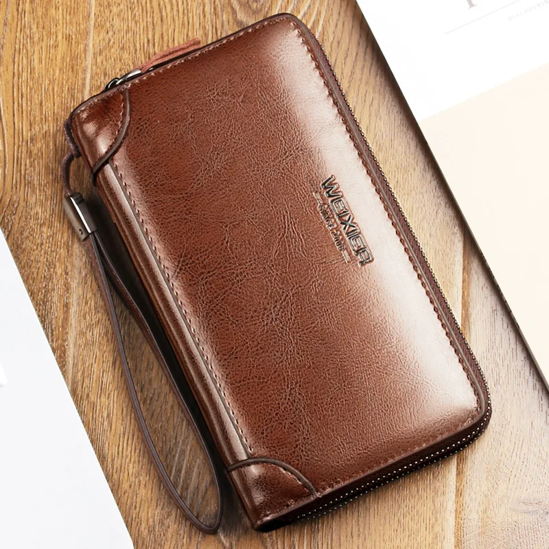 WEIXIER Men Retro Clutch Fashion Brand PU Leather Multifunctional Men Wallet Long Business Travel Double Zipper Man Clutch Bags