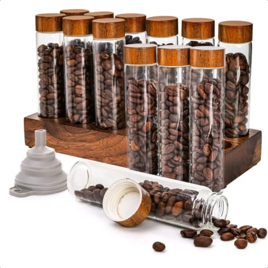 

Goaste 12 Pack Coffee Bean Storage Tubes with Wooden Stand Single Dose Coffee Bean Cellar Container Dosing Glass Vials with Lid