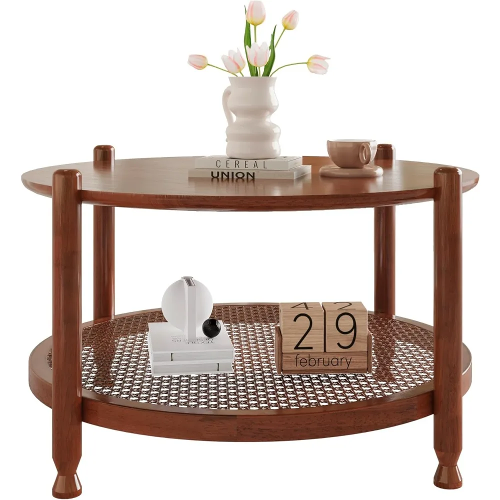32" Round Coffee Table for Living Room, 2-Tier Rustic Wood Center Table for Home Decor with Boho Woven Rattan Storage Shelf | M