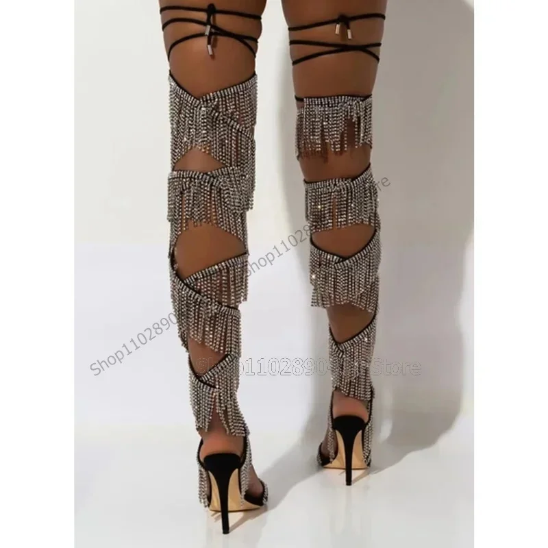 

Silver Crystal Tassels Hollow Design Sandals Boots Lace Up Women Shoes Thin High Heels Fashion Banquet 2025 Zapatos Para Mujere