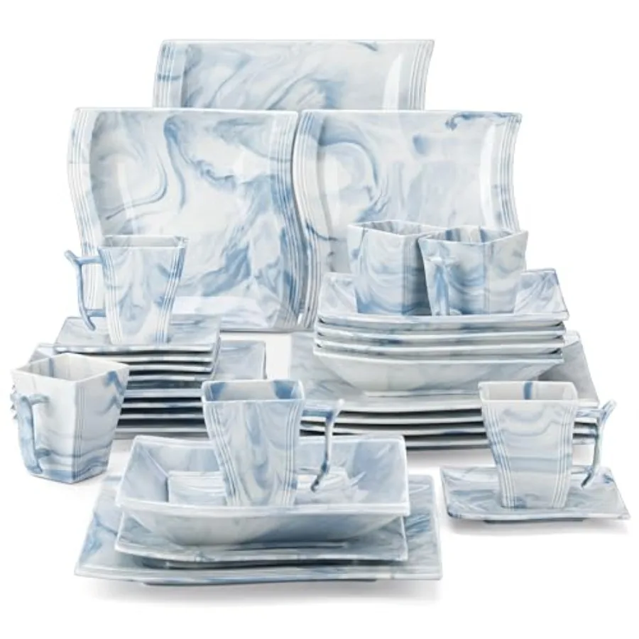 

Dinnerware Sets for 6, 30 Pcs Porcelain Plates and Bowls Sets, Square Dish Set with Dinner Plate and Bowl, Cup and Saucer, Dish
